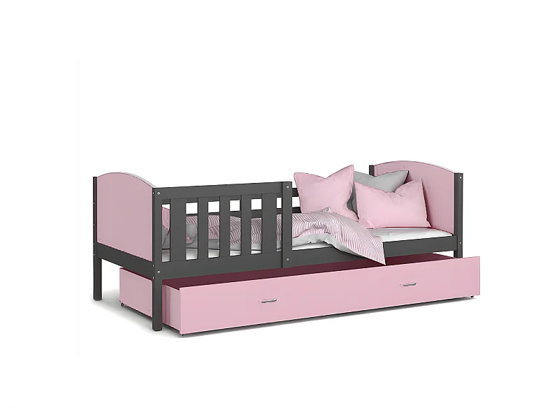 Lit Enfant Tami 90x190 ( Sans Matelas ) Gris - rose Livré avec le sommiers et tiroir.