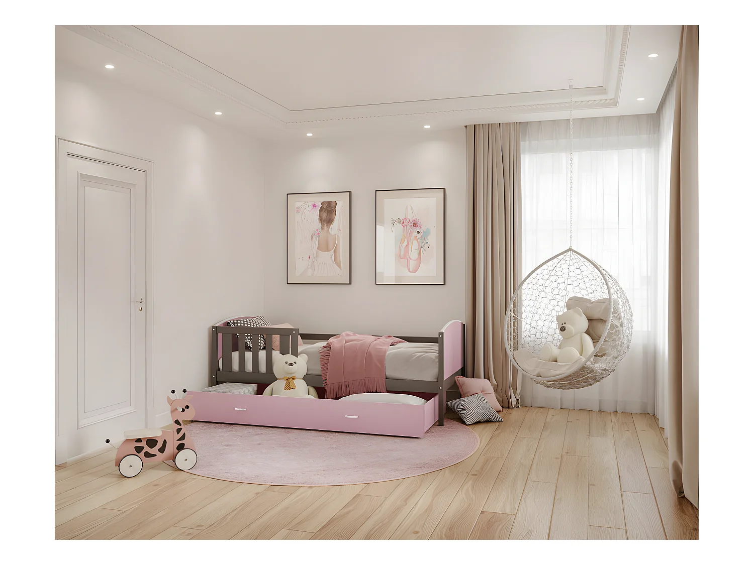 Lit Enfant Tami 90x190 ( Sans Matelas ) Gris - rose Livré avec le sommiers et tiroir.