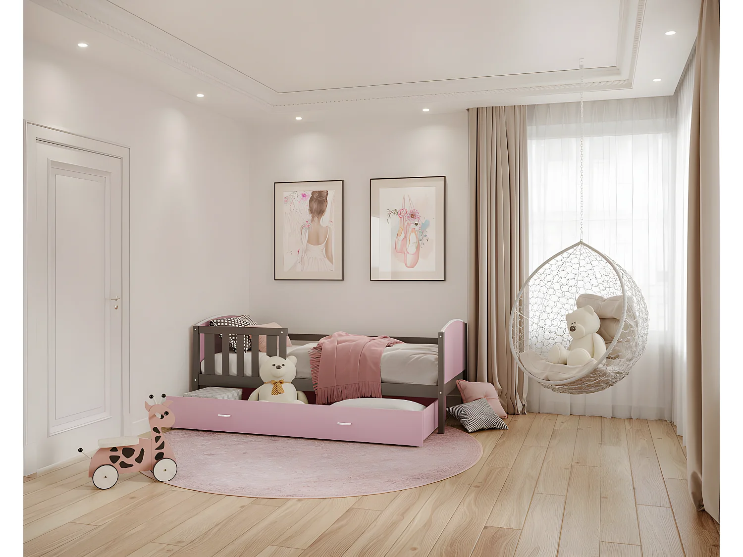 Lit Enfant Tami 90x190 ( Sans Matelas ) Gris - rose Livré avec le sommiers et tiroir.