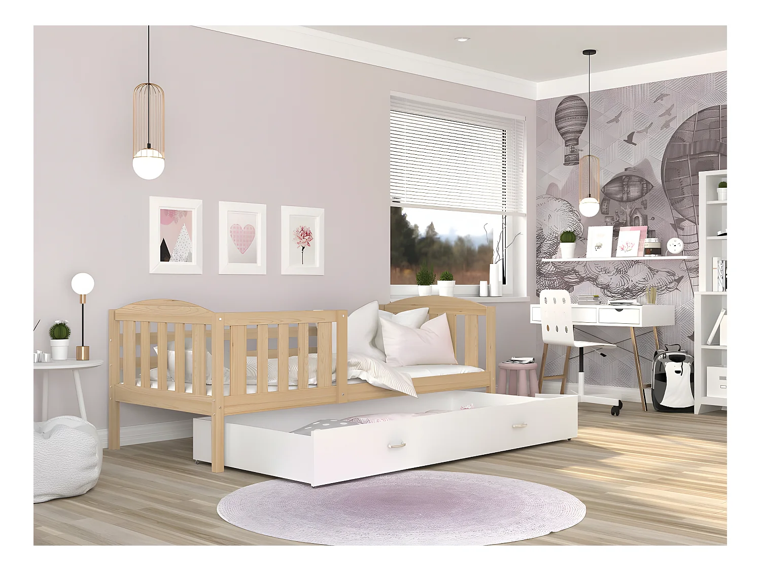 Lit Enfant Teo 90x190 Pin - blanc Livré avec sommiers, tiroir et matelas en mousse de 7cm