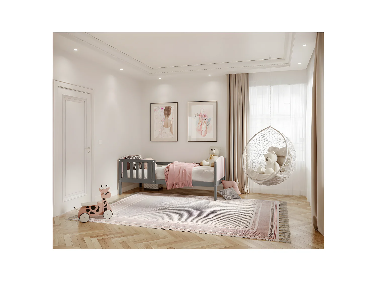 Lit Enfant Tom 90x190 Gris - rose Livré avec sommiers