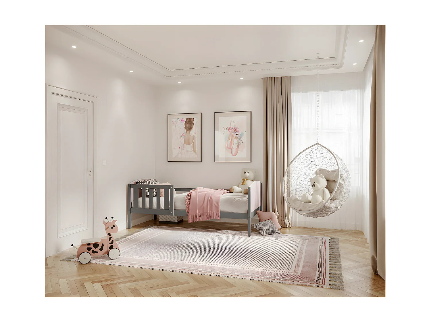 Lit Enfant Tom 90x190 Gris - rose Livré avec sommiers