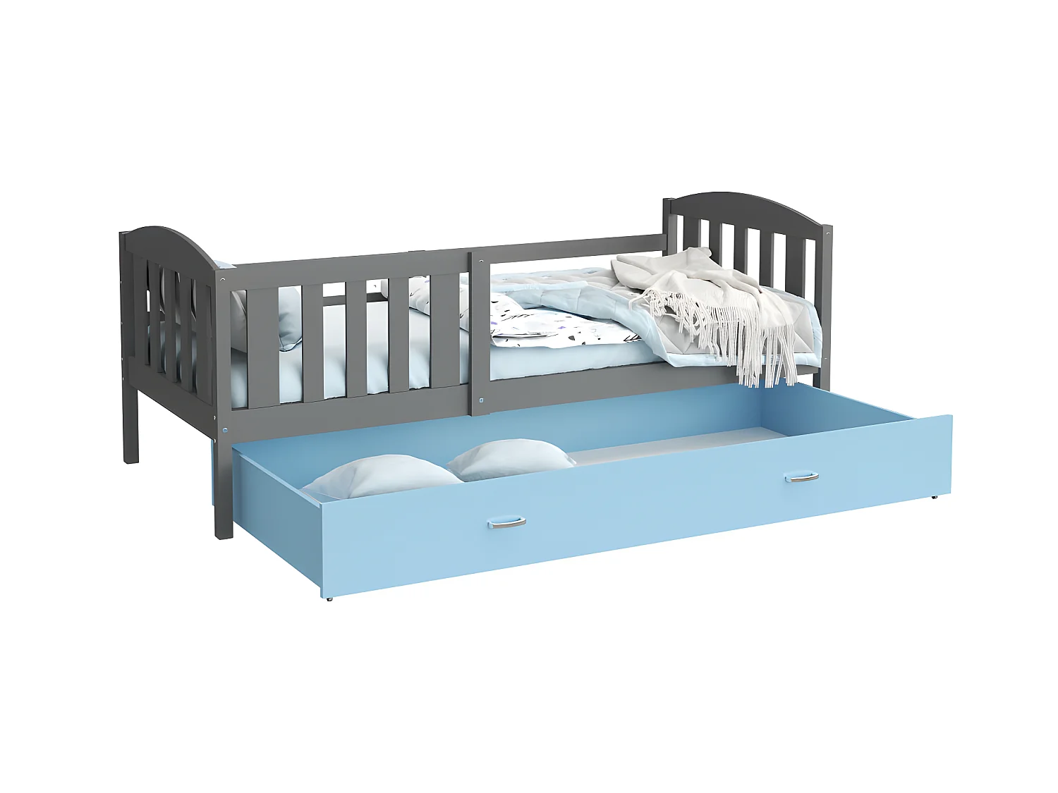 Lit Enfant Teo 90x190 Gris - bleu Livré avec sommiers, tiroir et matelas en mousse de 7cm