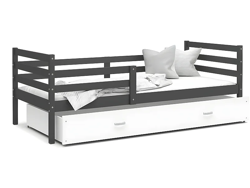 Lit Enfant Milo 90x190 Gris - blanc Livré avec sommiers, tiroir et matelas en mousse de 7cm