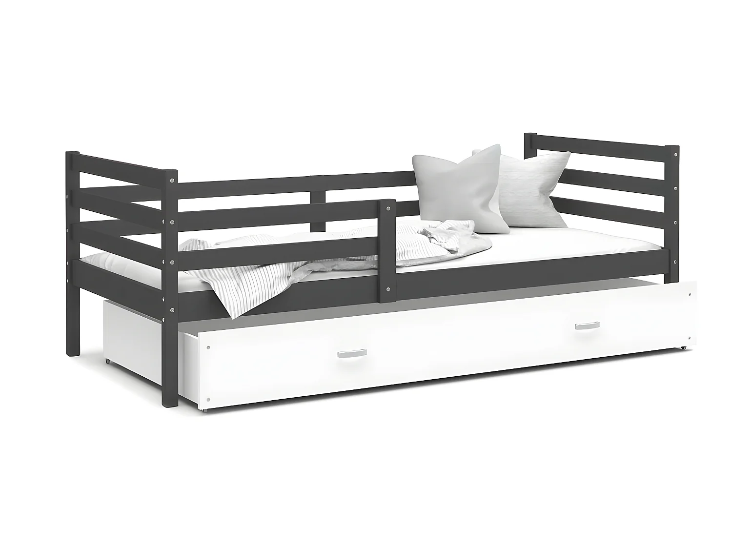 Lit Enfant Milo 90x190 Gris - blanc Livré avec sommiers, tiroir et matelas en mousse de 7cm