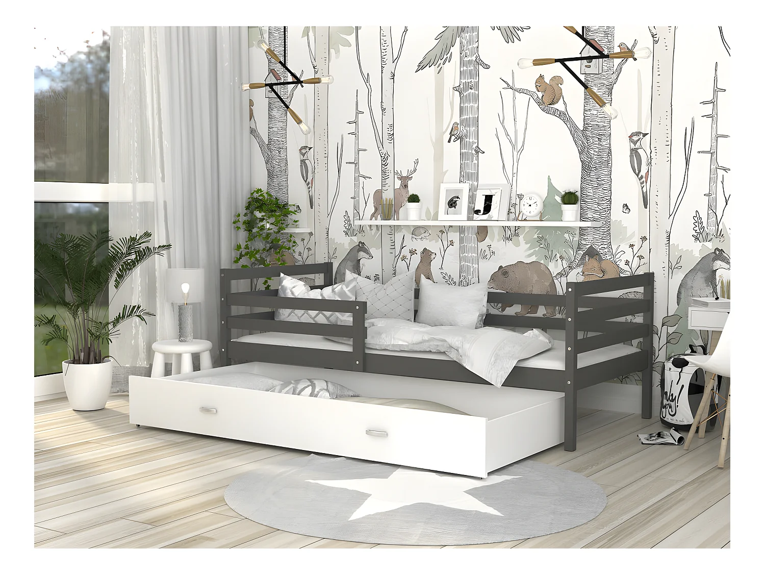 Lit Enfant Milo 90x190 Gris - blanc Livré avec sommiers, tiroir et matelas en mousse de 7cm