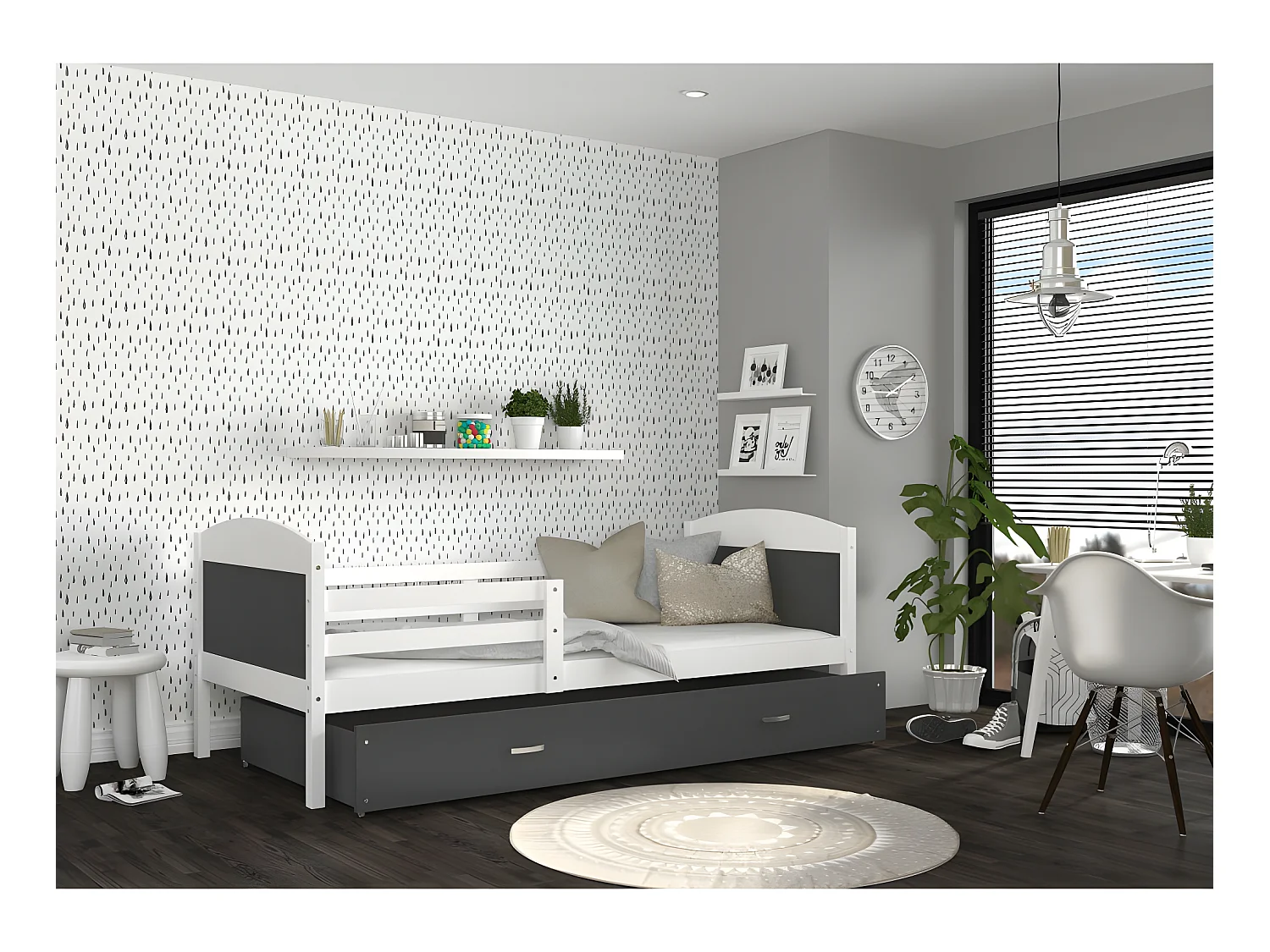 Lit Enfant Matis 90x190  ( Sans Matelas ) Blanc - gris Livré avec le sommiers et tiroir.