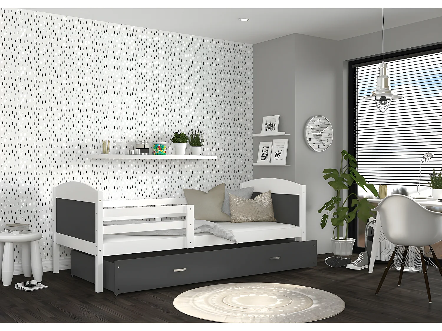 Lit Enfant Matis 90x190  ( Sans Matelas ) Blanc - gris Livré avec le sommiers et tiroir.