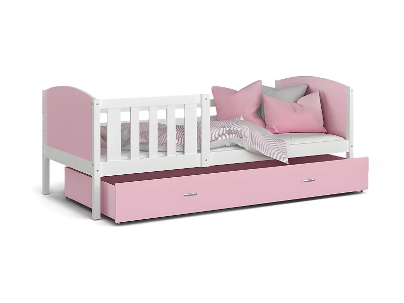 Lit Enfant Tomy 90x190 Blanc - rose Livré avec sommiers, tiroir et matelas en mousse de 7cm