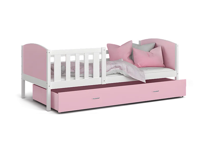 Lit Enfant Tomy 90x190 Blanc - rose Livré avec sommiers, tiroir et matelas en mousse de 7cm