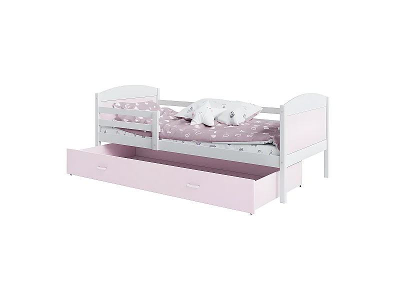 Lit Enfant Mateo 90x190 Blanc - rose Livré avec sommiers, tiroir et matelas en mousse de 7cm