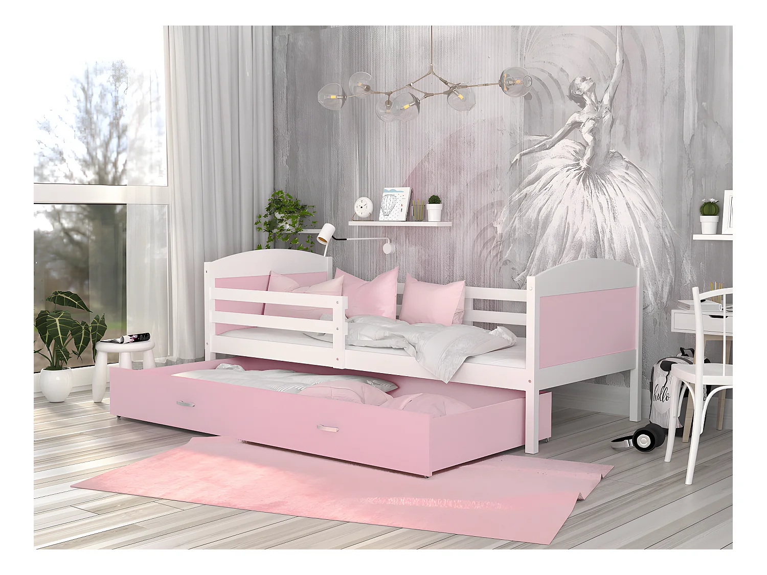 Lit Enfant Mateo 90x190 Blanc - rose Livré avec sommiers, tiroir et matelas en mousse de 7cm