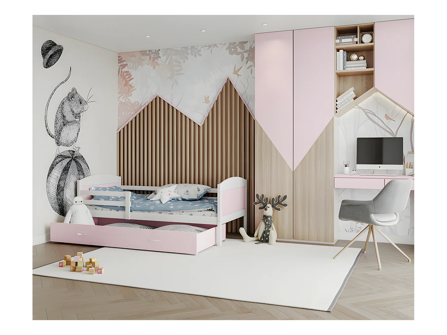 Lit Enfant Mateo 90x190 Blanc - rose Livré avec sommiers, tiroir et matelas en mousse de 7cm