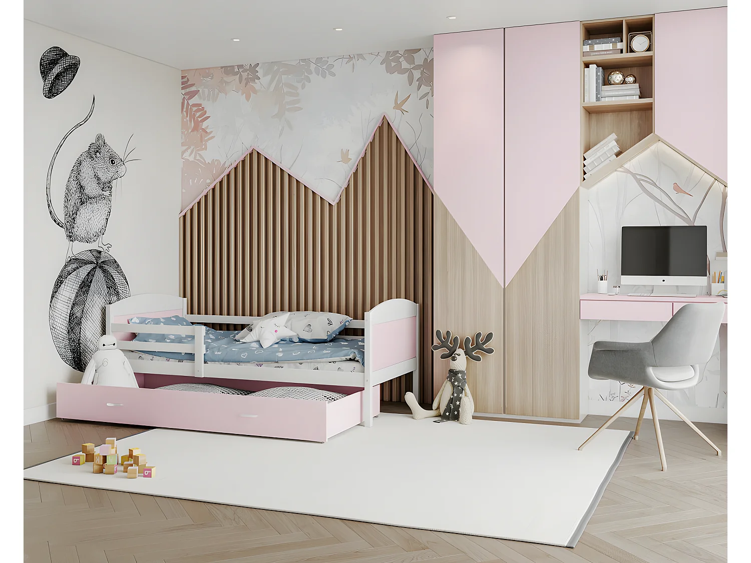 Lit Enfant Mateo 90x190 Blanc - rose Livré avec sommiers, tiroir et matelas en mousse de 7cm