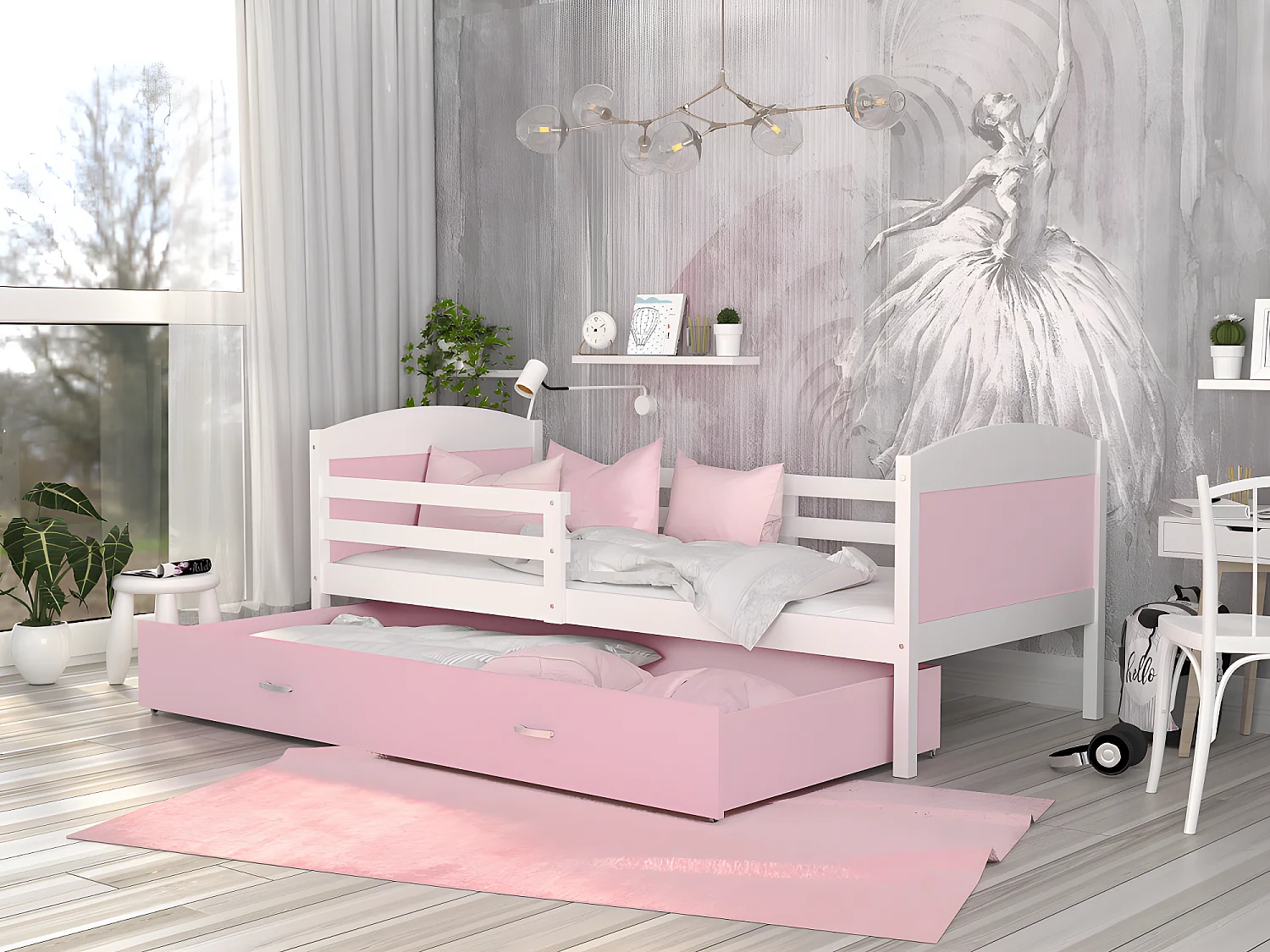 Lit Enfant Mateo 90x190 Blanc - rose Livré avec sommiers, tiroir et matelas en mousse de 7cm