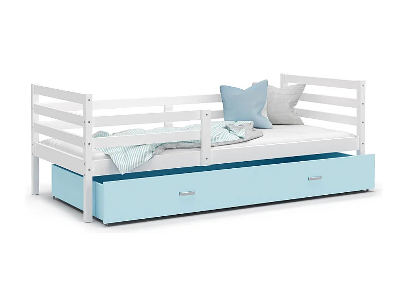 Lit Enfant Milo 90x190 Blanc - bleu Livré avec sommiers, tiroir et matelas en mousse de 7cm