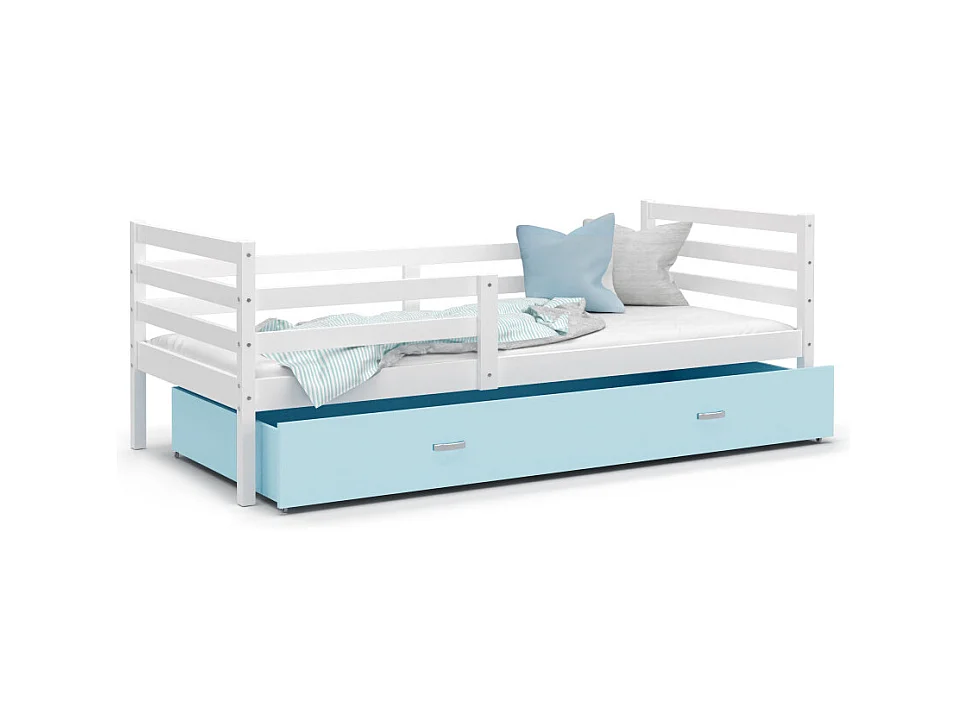 Lit Enfant Milo 90x190 Blanc - bleu Livré avec sommiers, tiroir et matelas en mousse de 7cm