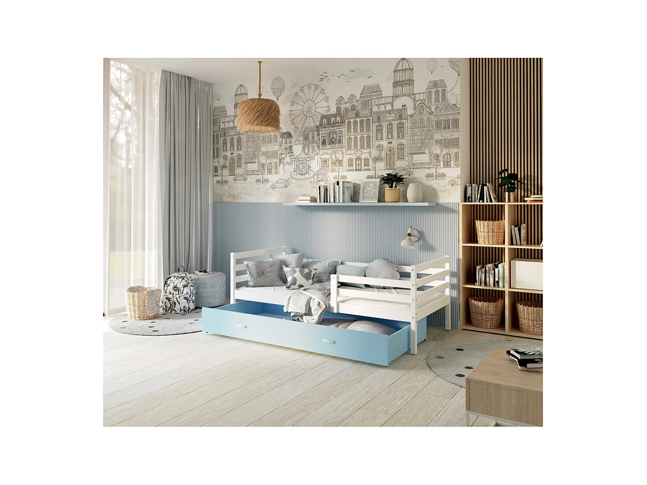 Lit Enfant Milo 90x190 Blanc - bleu Livré avec sommiers, tiroir et matelas en mousse de 7cm