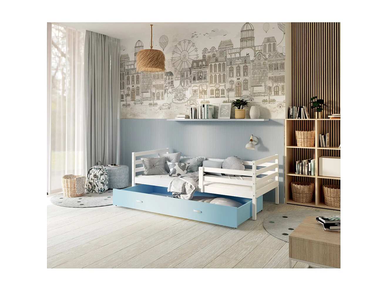 Lit Enfant Milo 90x190 Blanc - bleu Livré avec sommiers, tiroir et matelas en mousse de 7cm