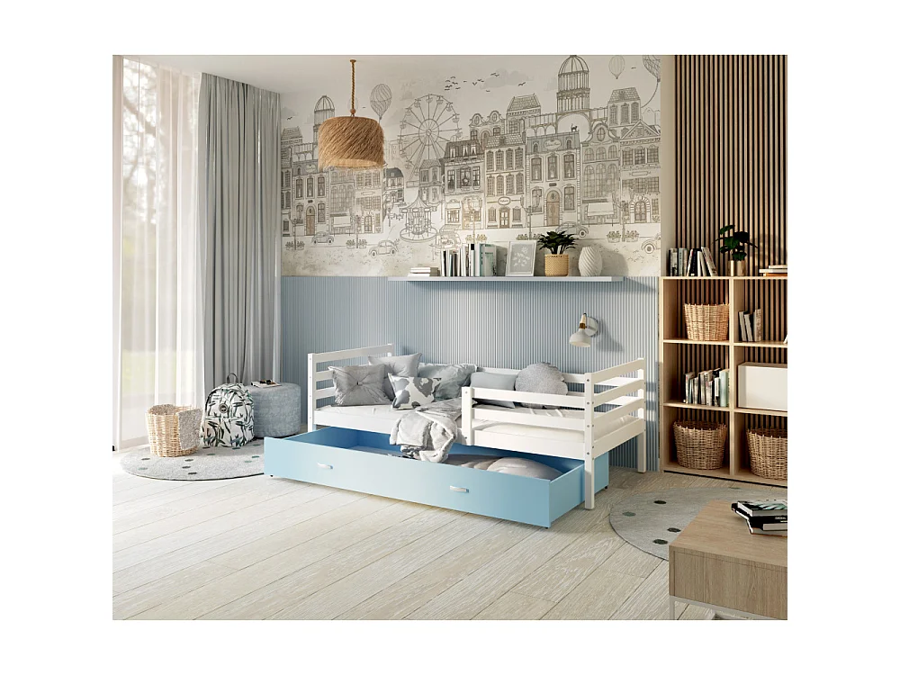 Lit Enfant Milo 90x190 tiroir + Matelas Blanc - bleu