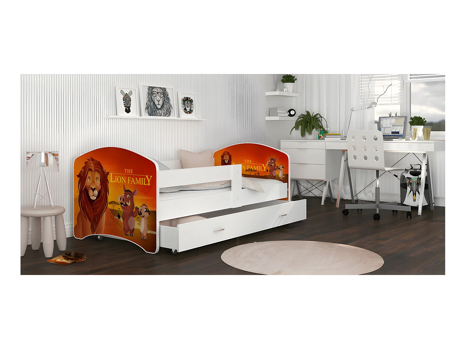 Lit Enfant Happy 80x160 Le Roi Lion Blanc Livré avec sommiers, tiroir et matelas en mousse de 7cm