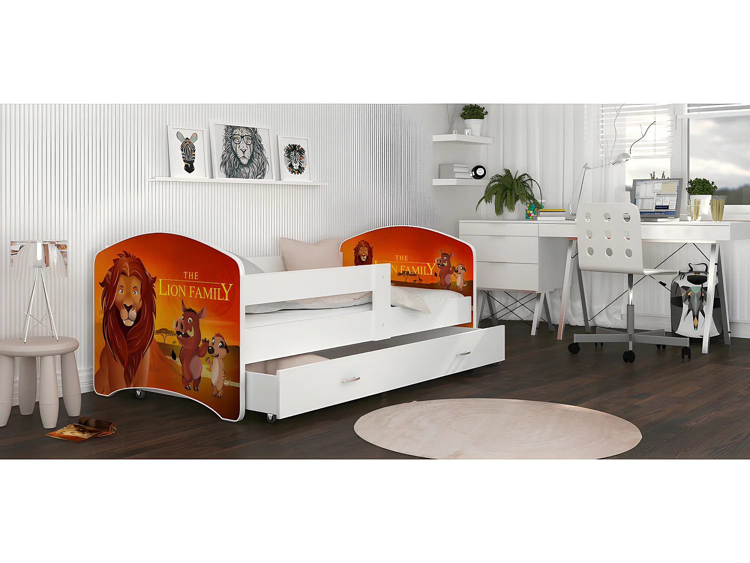 Lit Enfant Happy 80x160 Le Roi Lion Blanc Livré avec sommiers, tiroir et matelas en mousse de 7cm