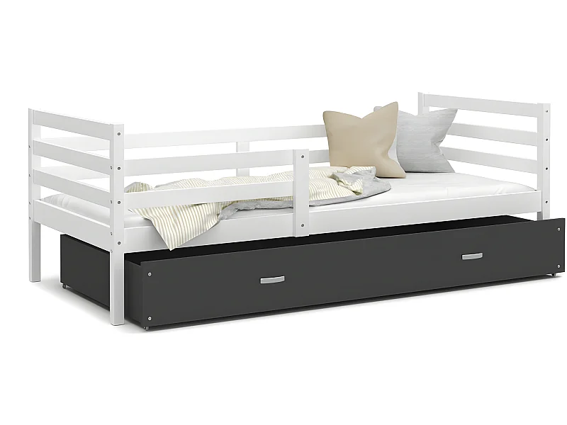Lit Enfant Milo 90x190 Blanc - gris Livré avec sommiers, tiroir et matelas en mousse de 7cm