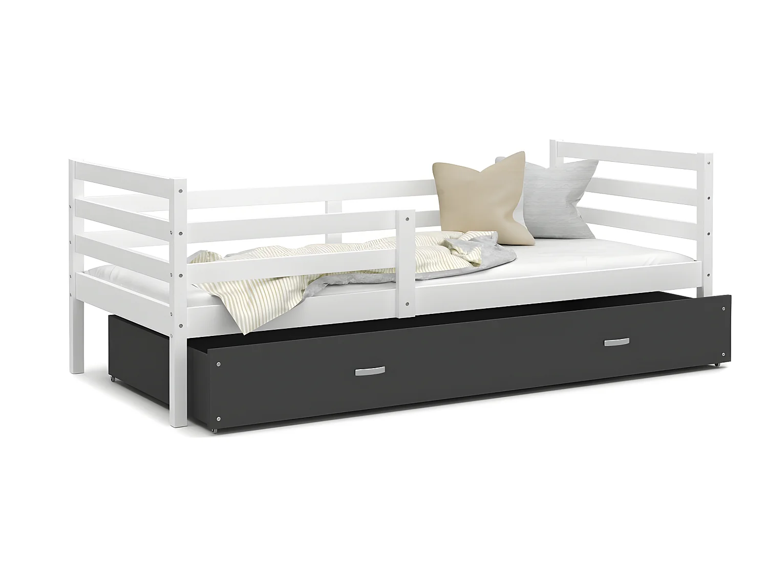 Lit Enfant Milo 90x190 Blanc - gris Livré avec sommiers, tiroir et matelas en mousse de 7cm