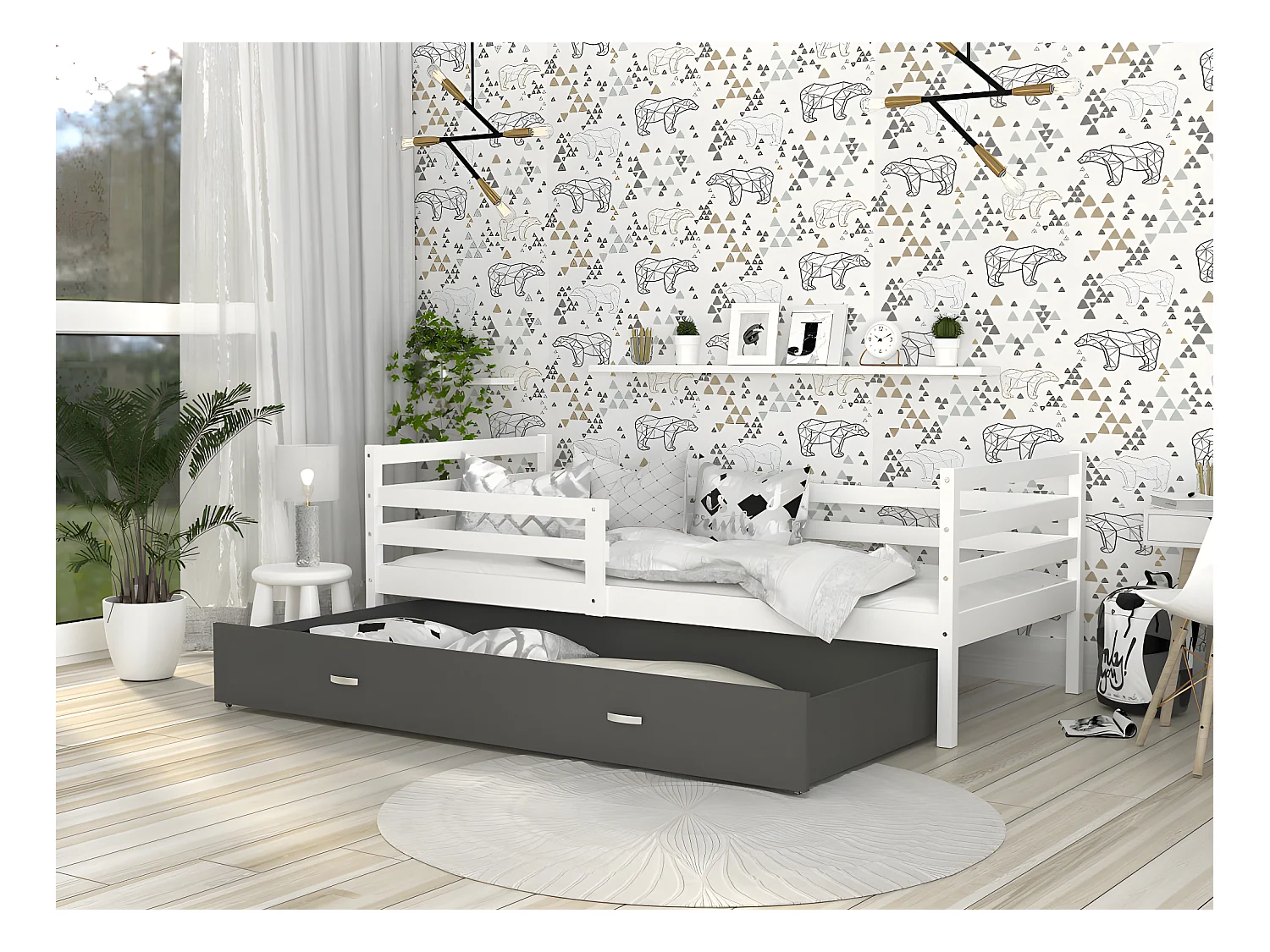 Lit Enfant Milo 90x190 Blanc - gris Livré avec sommiers, tiroir et matelas en mousse de 7cm