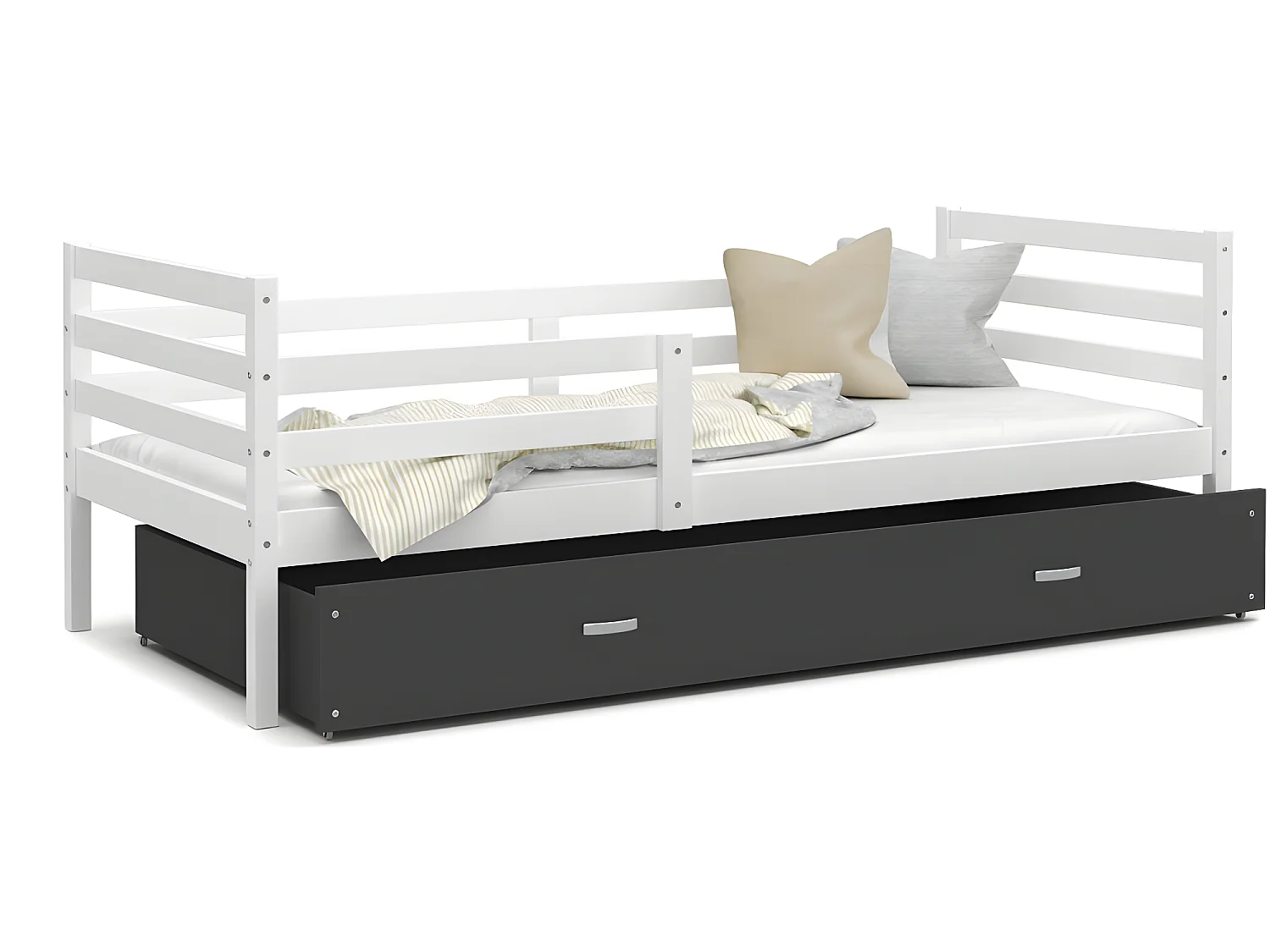 Lit Enfant Milo 90x190 Blanc - gris Livré avec sommiers, tiroir et matelas en mousse de 7cm