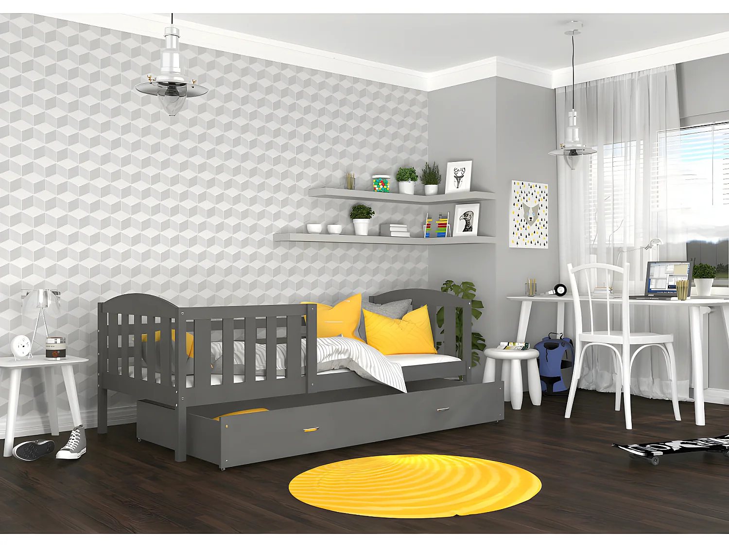Lit Enfant Cleo 90x190  ( Sans Matelas ) Gris - gris Livré avec le sommiers et tiroir.