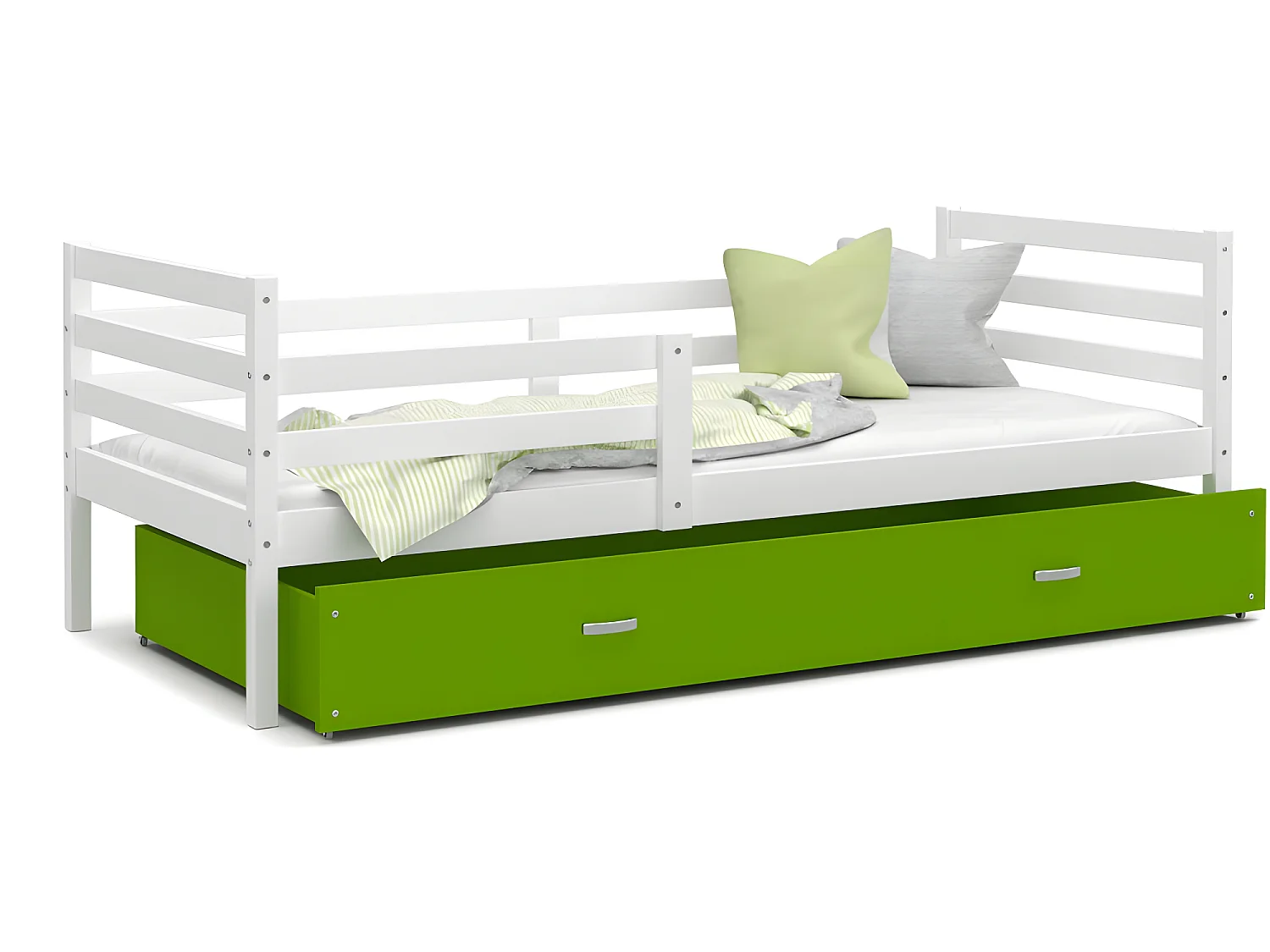 Lit Enfant Milo 90x190 Blanc - vert Livré avec sommiers, tiroir et matelas en mousse de 7cm