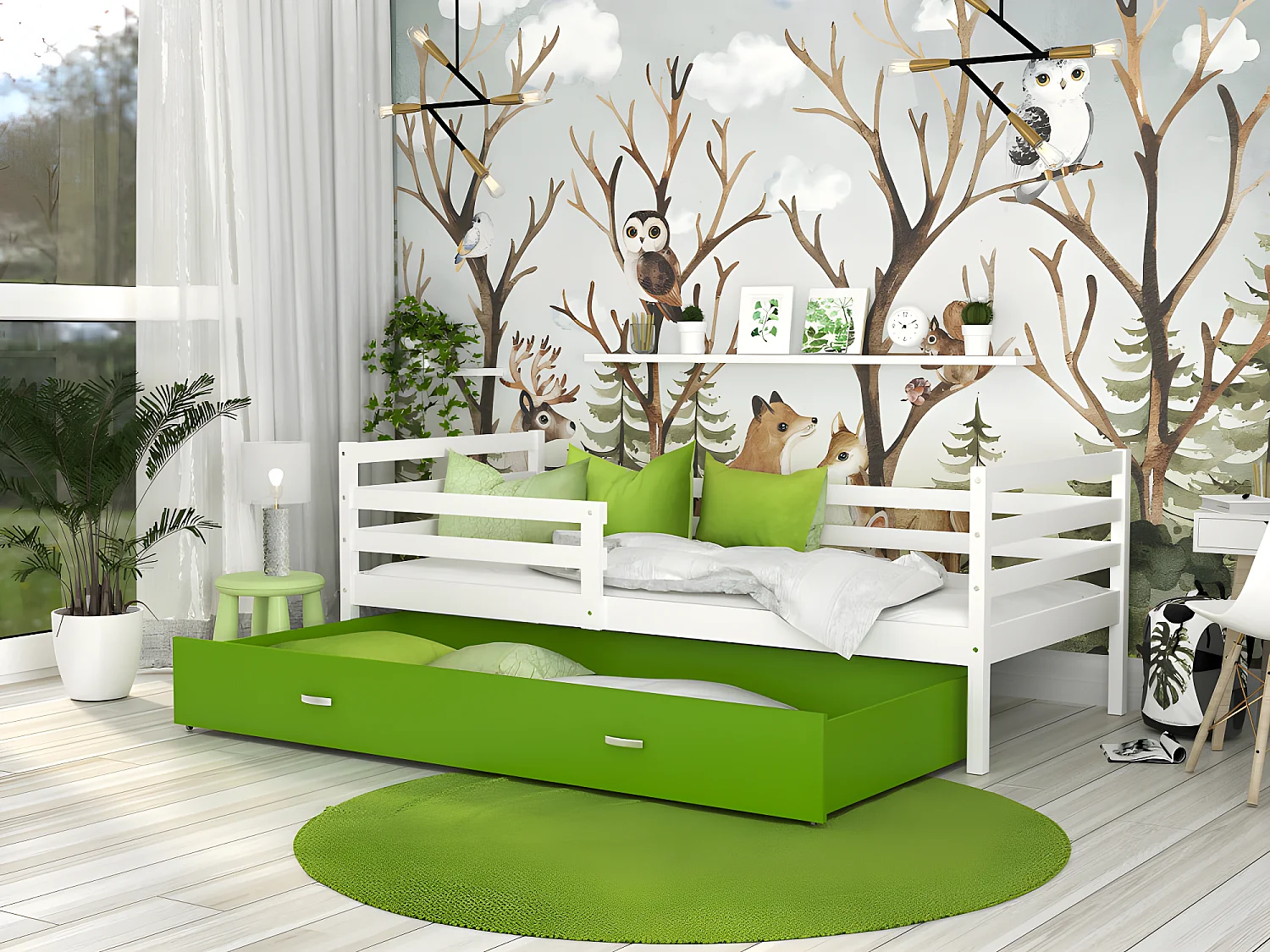 Lit Enfant Milo 90x190 Blanc - vert Livré avec sommiers, tiroir et matelas en mousse de 7cm