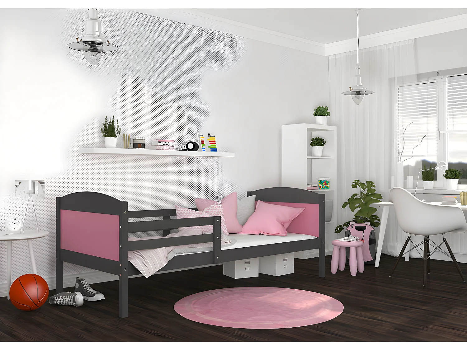 Lit Enfant Mati 90x190 Gris - rose Livré avec sommiers