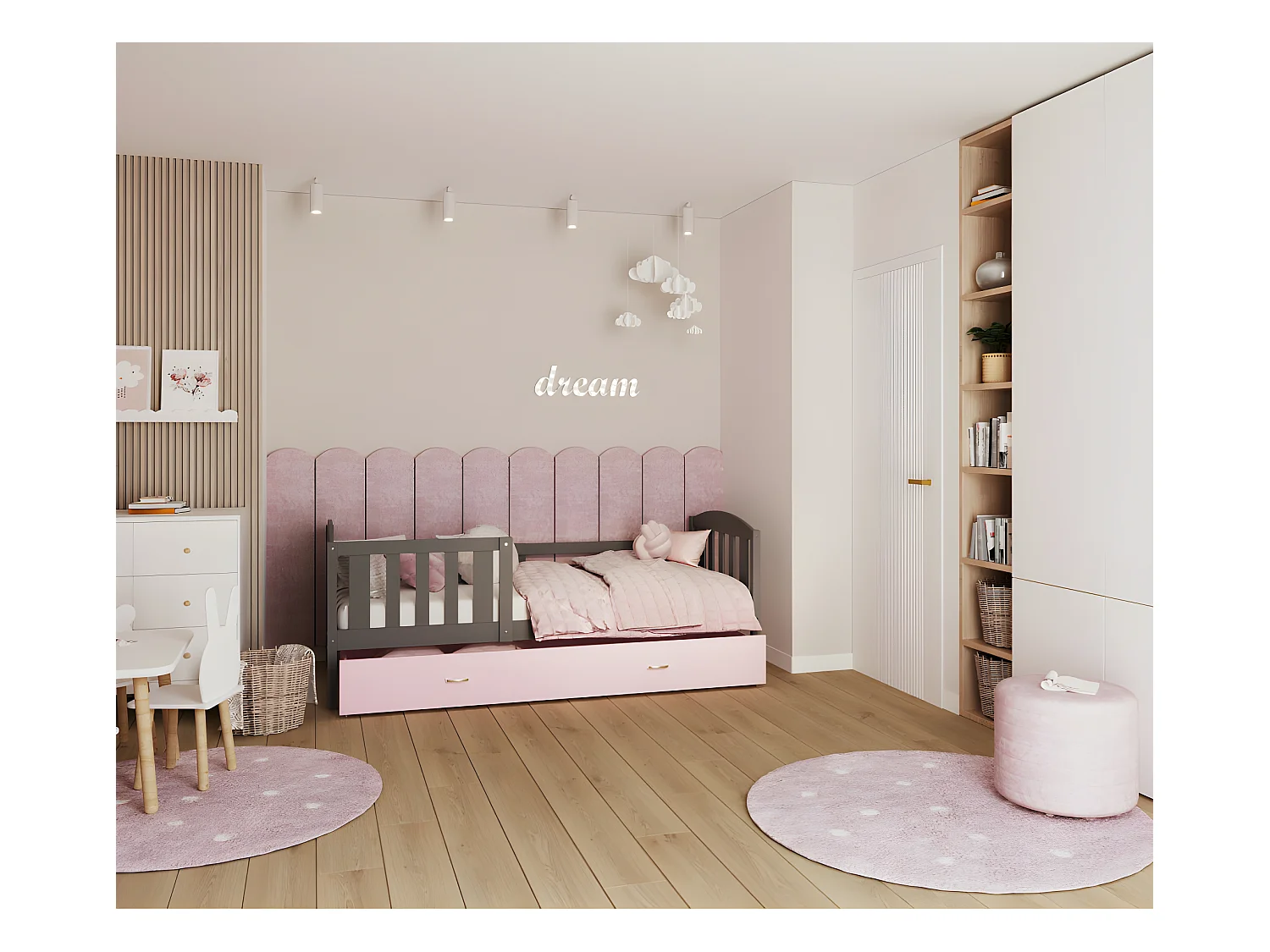 Lit Enfant Teo 90x190 Gris - rose Livré avec sommiers, tiroir et matelas en mousse de 7cm