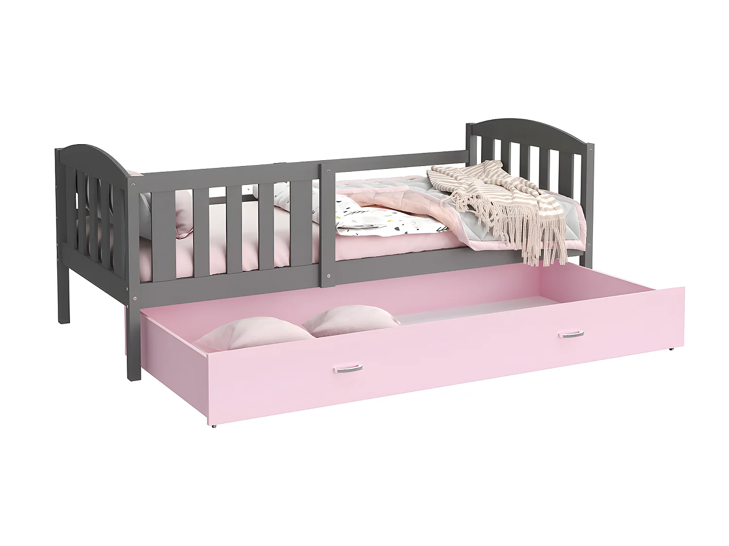 Lit Enfant Teo 90x190 Gris - rose Livré avec sommiers, tiroir et matelas en mousse de 7cm