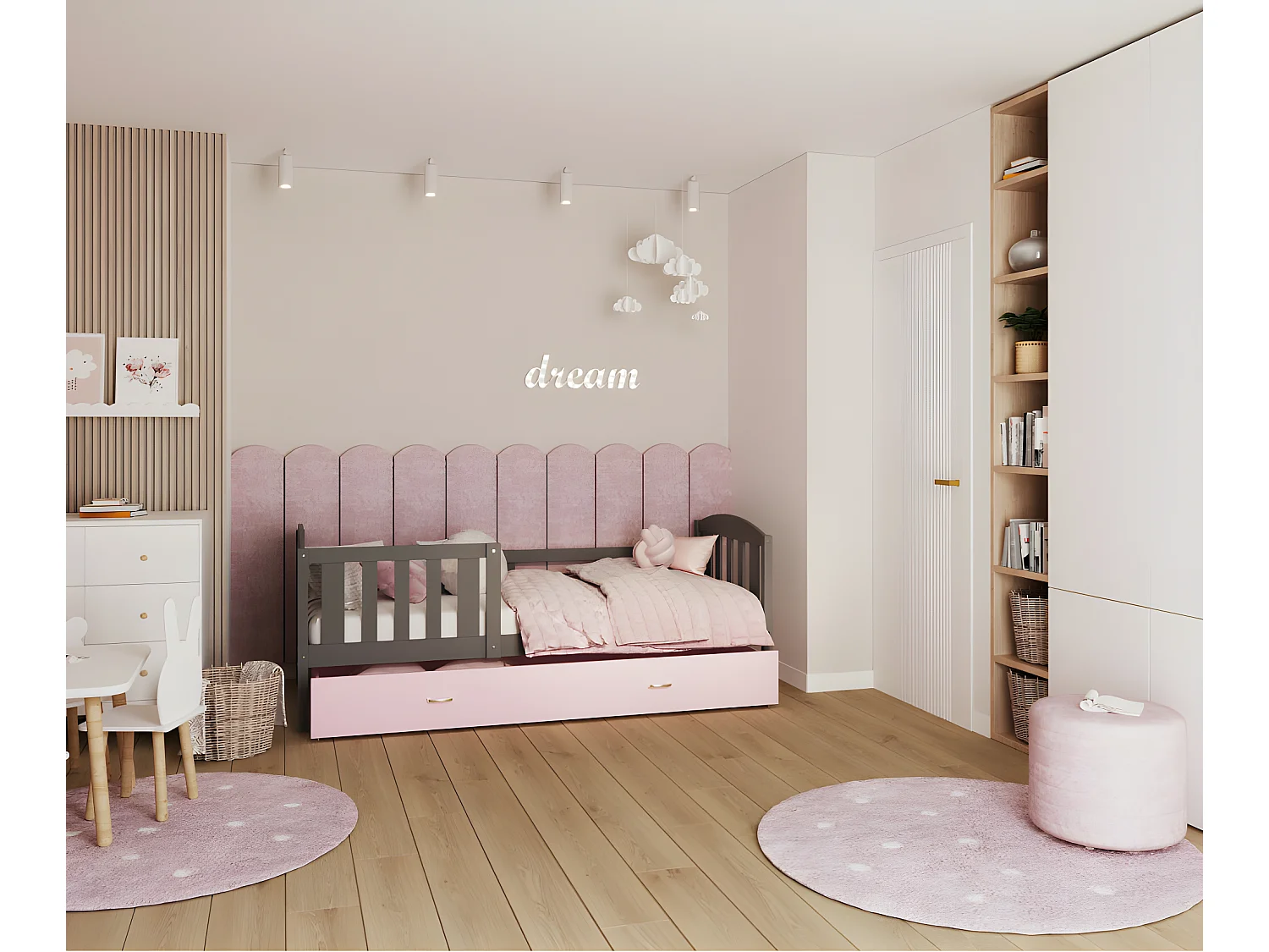 Lit Enfant Teo 90x190 Gris - rose Livré avec sommiers, tiroir et matelas en mousse de 7cm