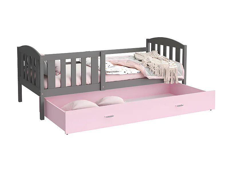 Lit Enfant Teo 90x190 Gris - rose Livré avec sommiers, tiroir et matelas en mousse de 7cm