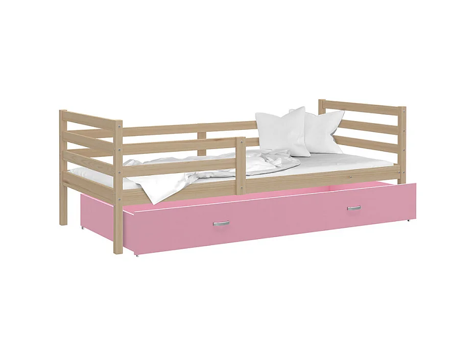 Lit Enfant Milo 90x190 Pin - rose Livré avec sommiers, tiroir et matelas en mousse de 7cm