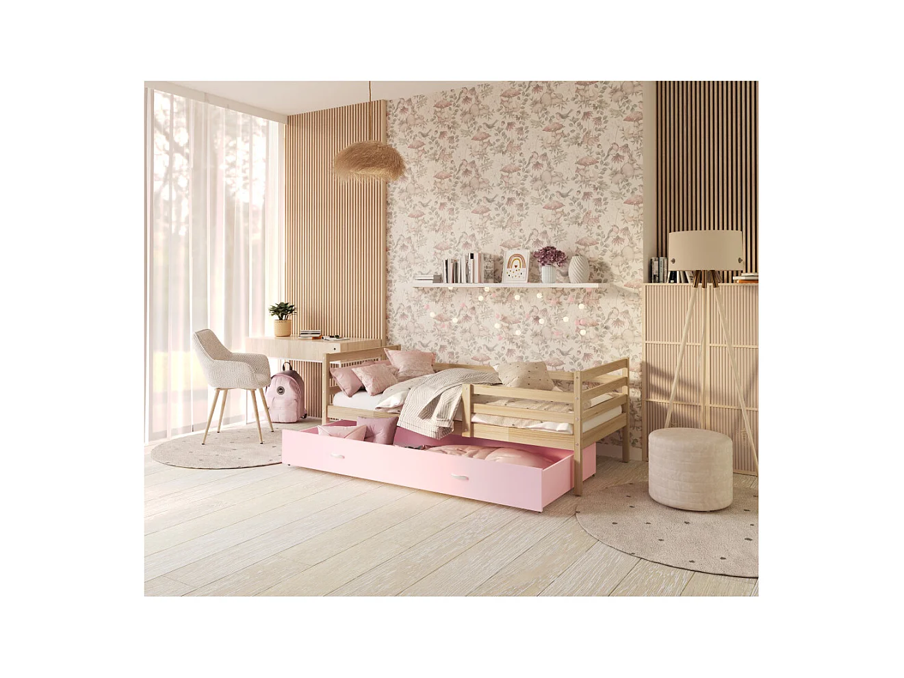 Lit Enfant Milo 90x190 Pin - rose Livré avec sommiers, tiroir et matelas en mousse de 7cm