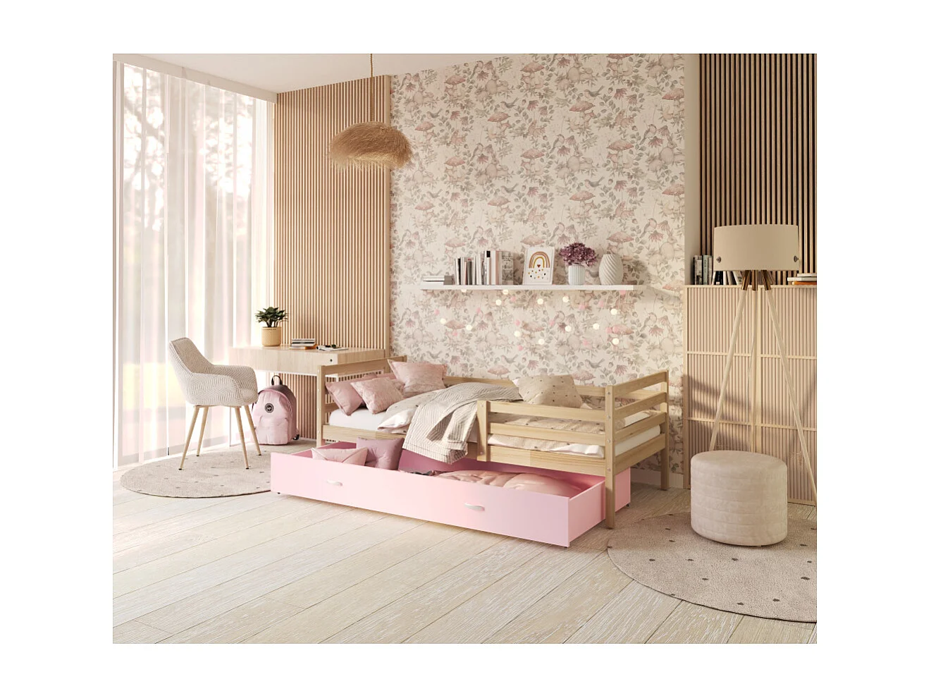 Lit Enfant Milo 90x190 Pin - rose Livré avec sommiers, tiroir et matelas en mousse de 7cm