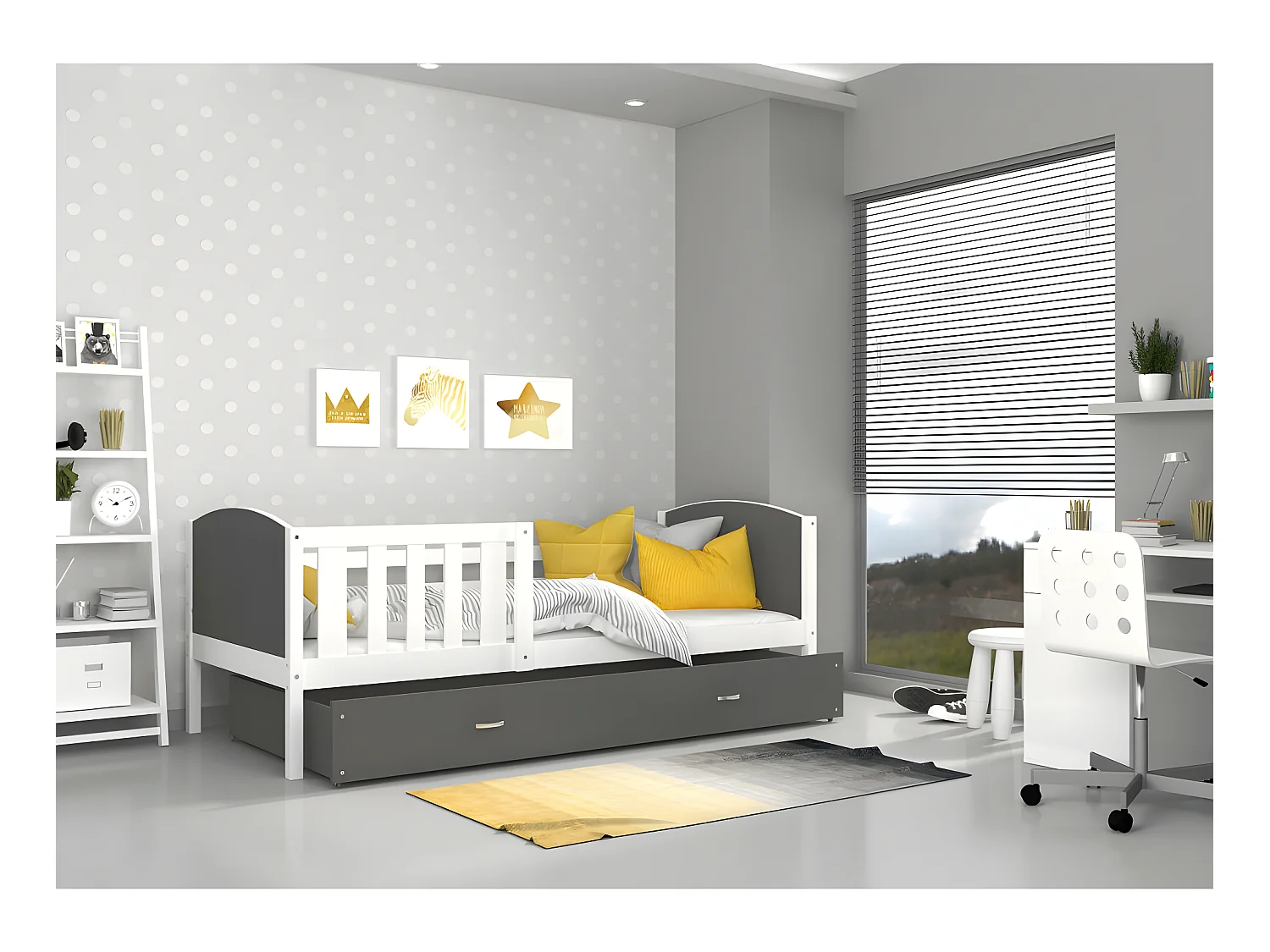 Lit Enfant Tami 90x190 ( Sans Matelas ) Blanc - gris Livré avec le sommiers et tiroir.