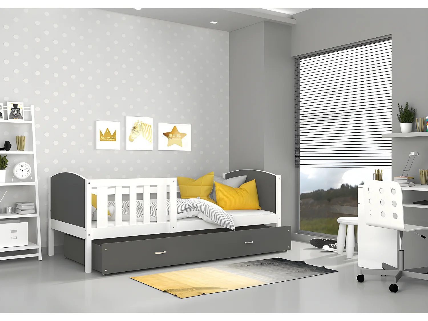 Lit Enfant Tami 90x190 ( Sans Matelas ) Blanc - gris Livré avec le sommiers et tiroir.