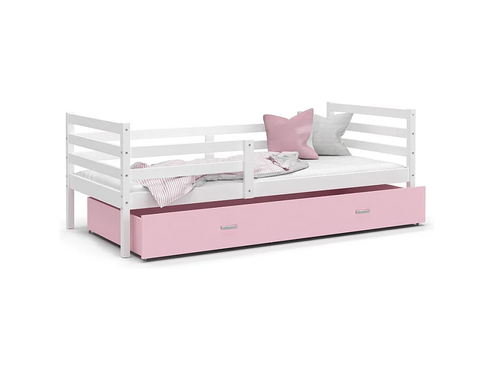Lit Enfant Milo 90x190 Blanc - rose Livré avec sommiers, tiroir et matelas en mousse de 7cm