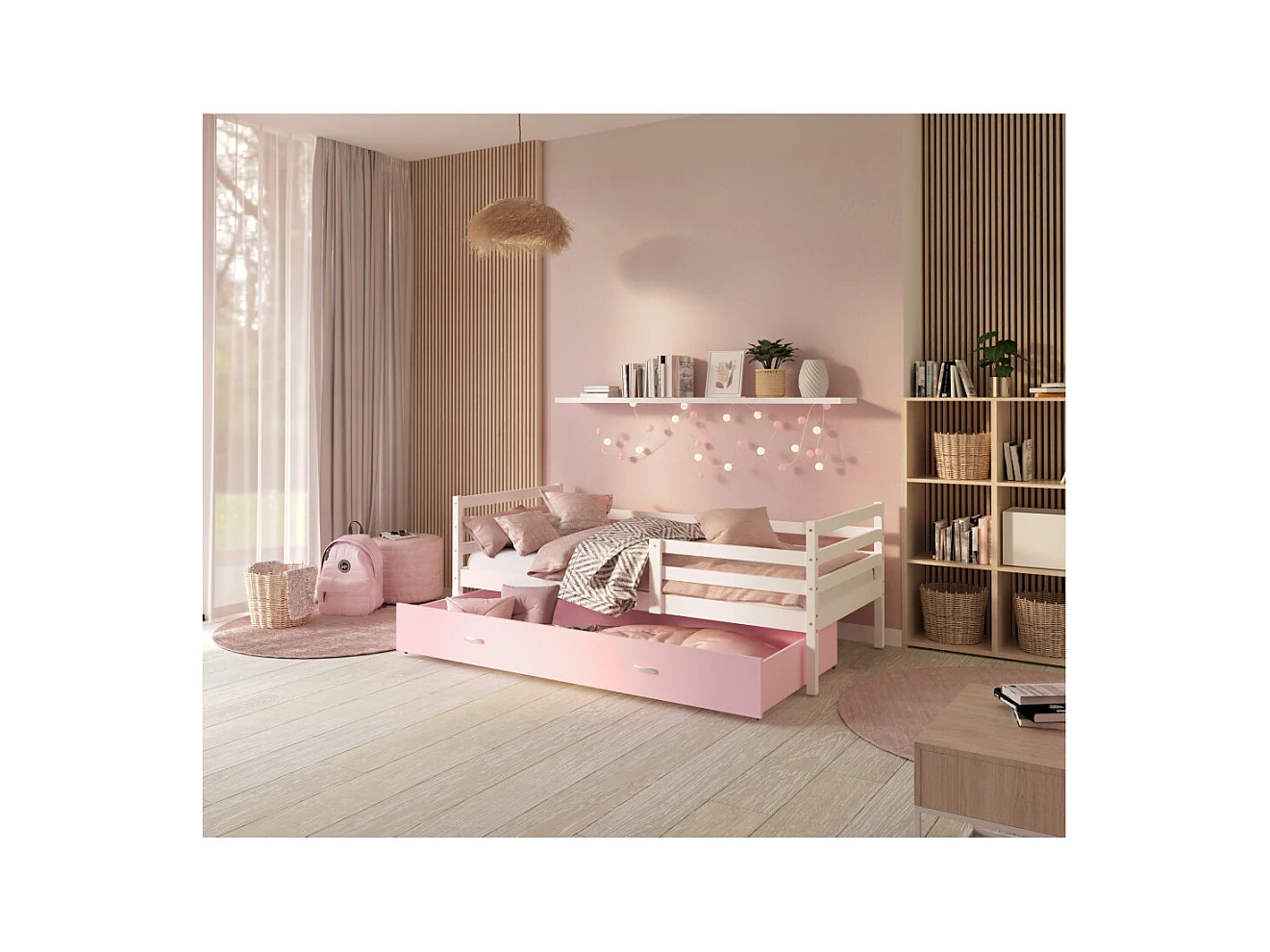 Lit Enfant Milo 90x190 Blanc - rose Livré avec sommiers, tiroir et matelas en mousse de 7cm