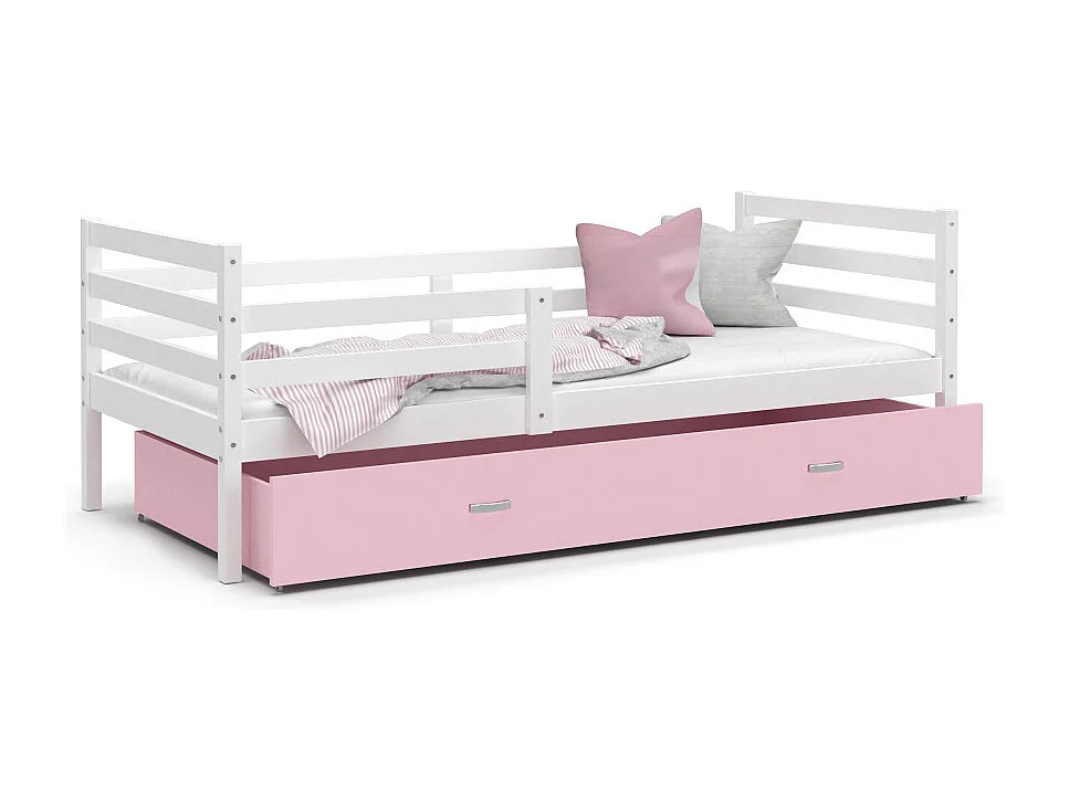 Lit Enfant Milo 90x190 Blanc - rose Livré avec sommiers, tiroir et matelas en mousse de 7cm