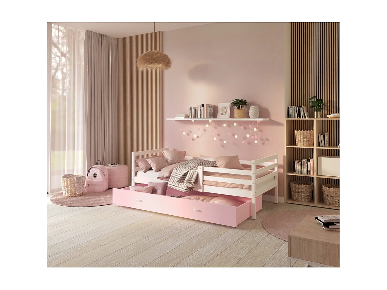 Lit Enfant Milo 90x190 Blanc - rose Livré avec sommiers, tiroir et matelas en mousse de 7cm