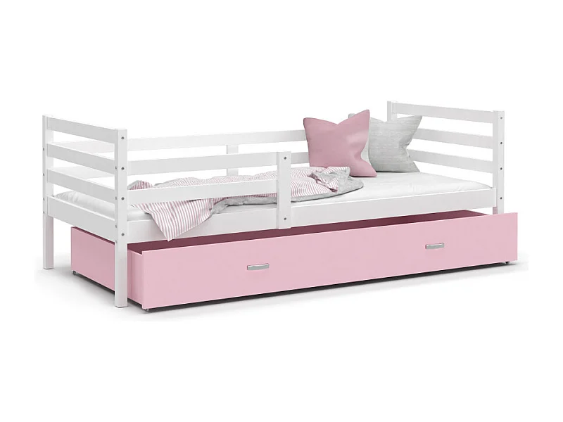 Lit Enfant Milo 90x190 Blanc - rose Livré avec sommiers, tiroir et matelas en mousse de 7cm