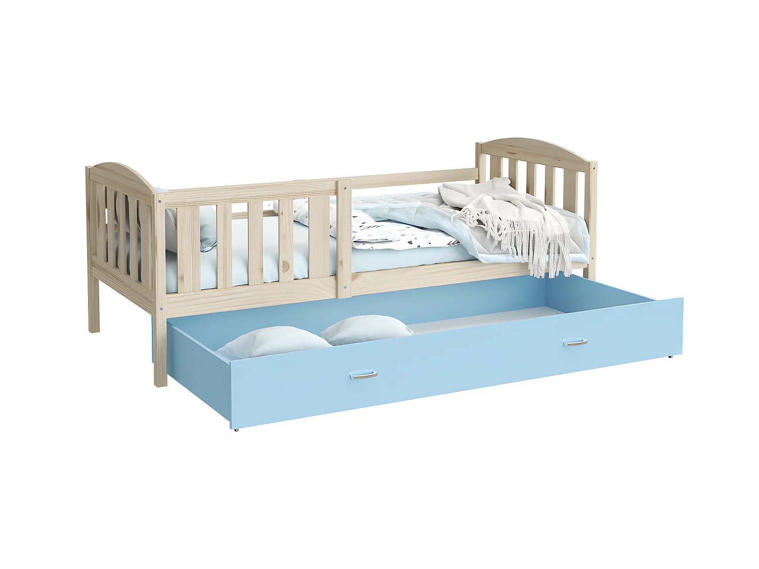Lit Enfant Teo 90x190 Pin - bleu Livré avec sommiers, tiroir et matelas en mousse de 7cm
