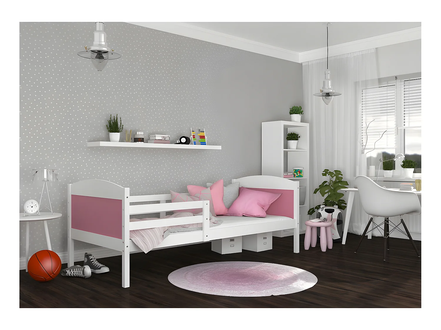 Lit Enfant Mati 90x190 Blanc - rose Livré avec sommiers